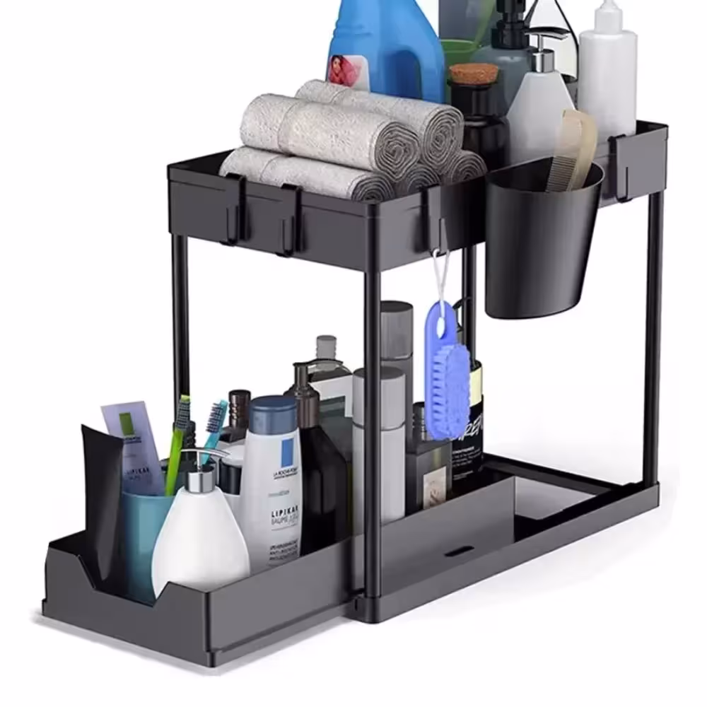 Two-level pull-out cabinet shelf for bathroom kitchen with hooks