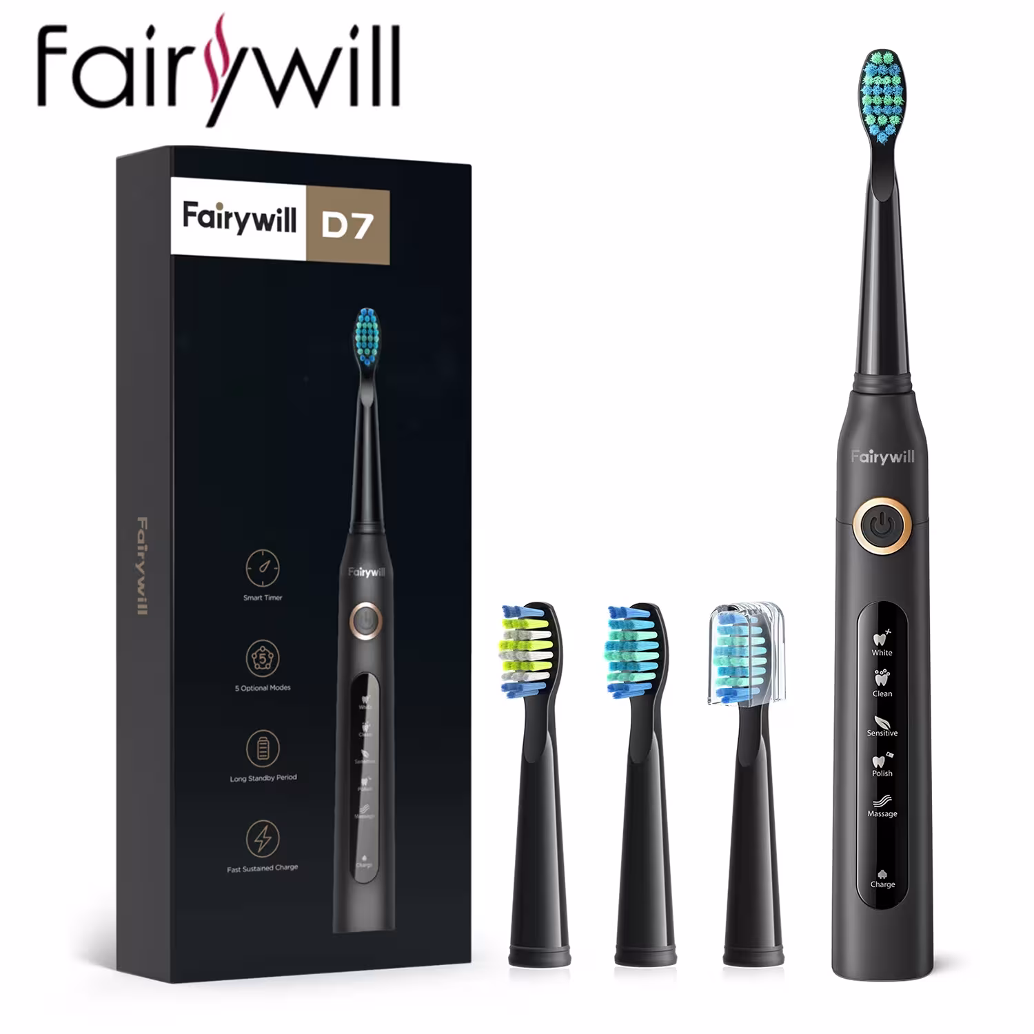 Fairywill FW-507 elektrinė soniko dantų šepetėlis USB įkrovimas vandeniui atsparus