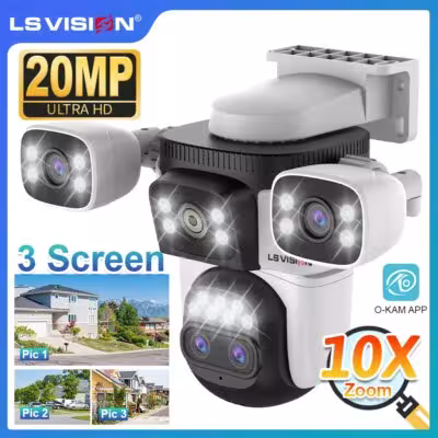 LS VISION 20MP cámara de seguridad WiFi con zoom óptico 10X y cuatro lentes
