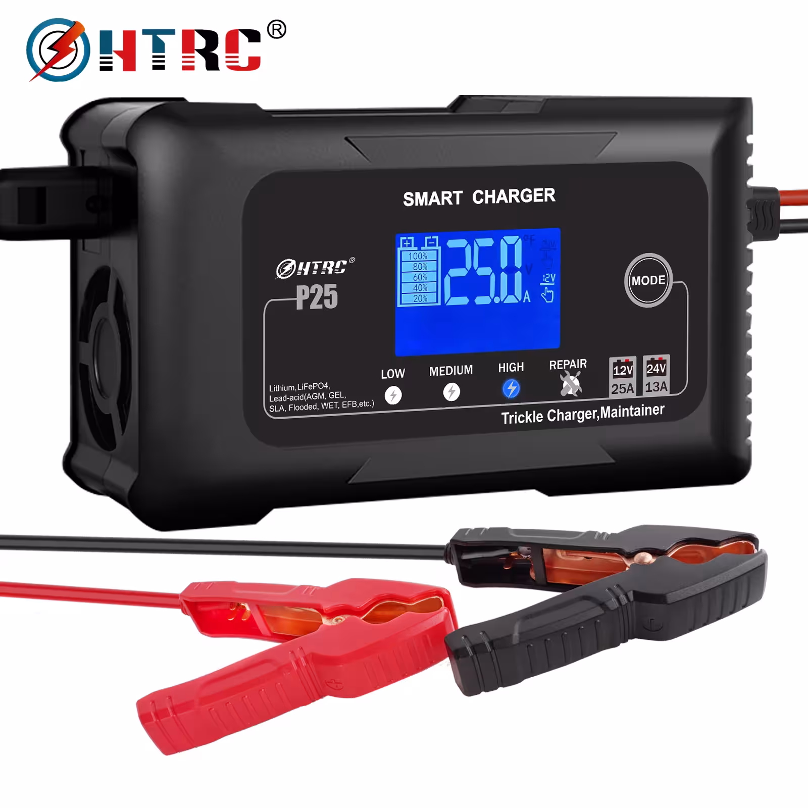 HTRC 20A 25A automobilio akumuliatoriaus įkroviklis 12V 24V litį LiFePO4