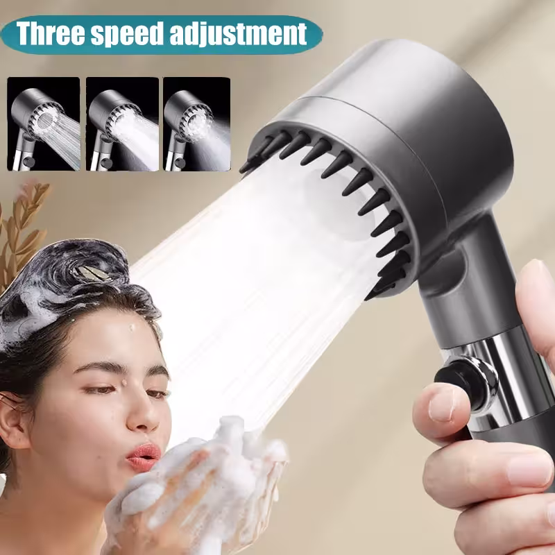 Three-mode bath massage shower head with filter and adjustable power
