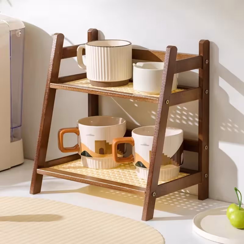 Bamboo Two-Tier Cup Organizer for Kitchen and Home