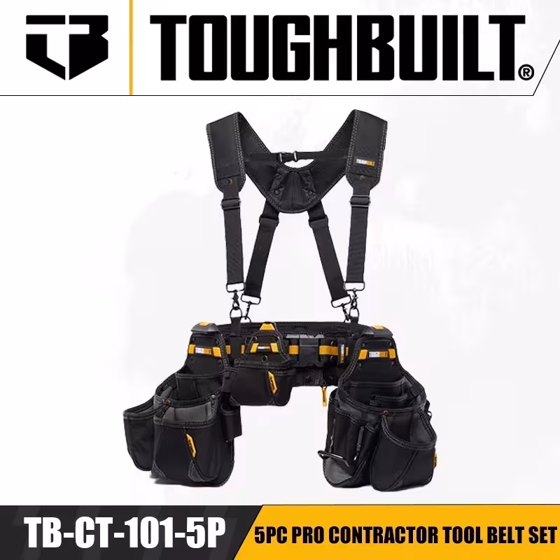 Cinturón profesional TOUGHBUILT TB-CT-101-5P con 5 compartimentos, sistema ClipTech y 36 bolsillos.