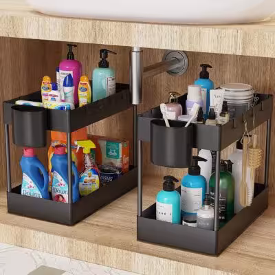 Two-Tier Kitchen Cabinet Sliding Basket Organization Shelf with Hooks