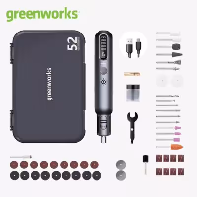Greenworks 8V belaidis grindavimo aparatas su 52 priedais, litio baterija, 6 greičio pakopos, poliravimui ir graviravimui