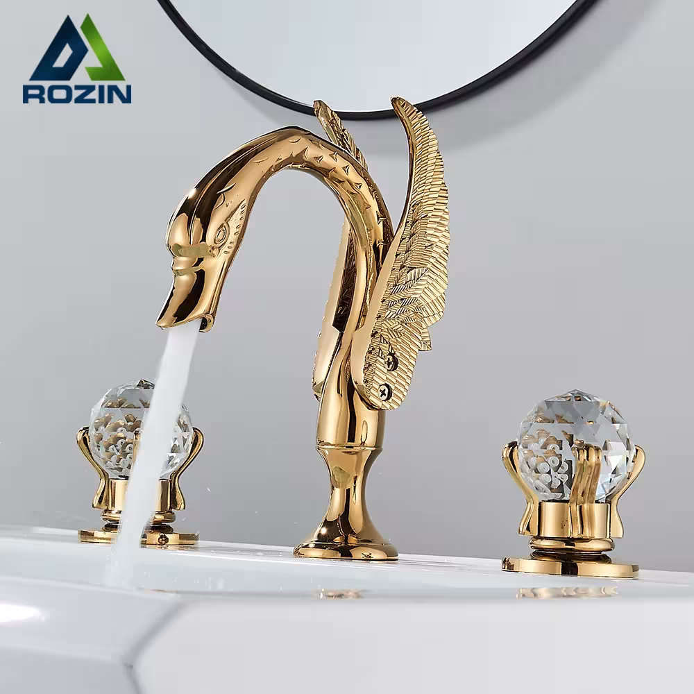 Rozin Gold Swan vonios kriauklės maišytuvas su kristalų rankenomis
