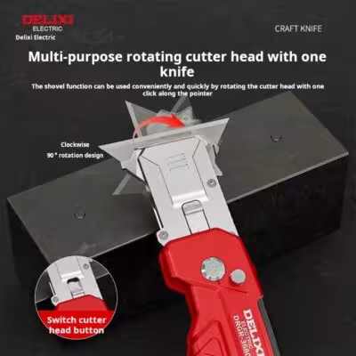 Multifunctional folding knife with a replaceable trapezoidal hardened steel blade for repairs and construction.