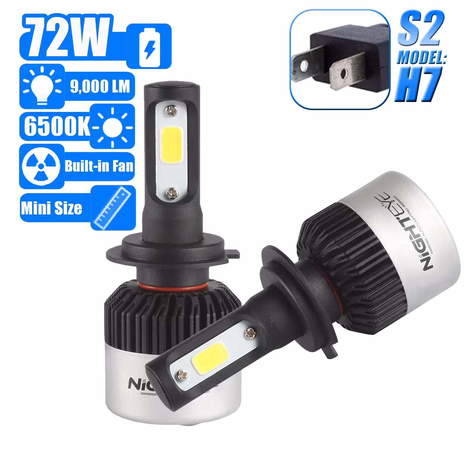 NIGHTEYE H7 luci LED 72W 9000LM 6500K 12V con ventilatore