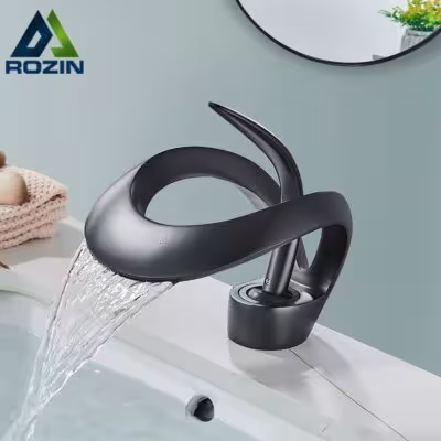 Mitigeur de lavabo de salle de bain noir de luxe Rozin en laiton avec effet cascade