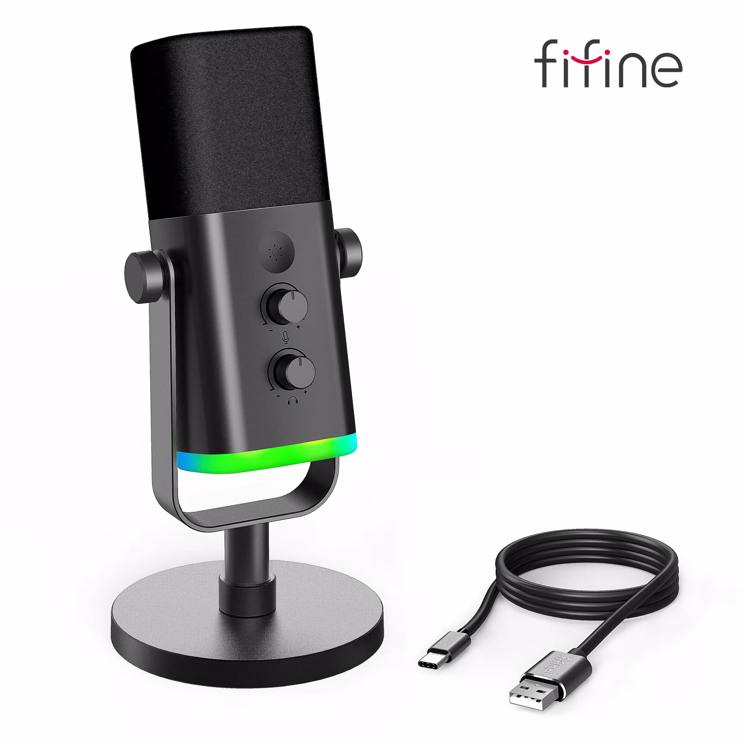 FIFINE USB XLR dinaminė mikrofonas RGB valdymu žaidimams AM8