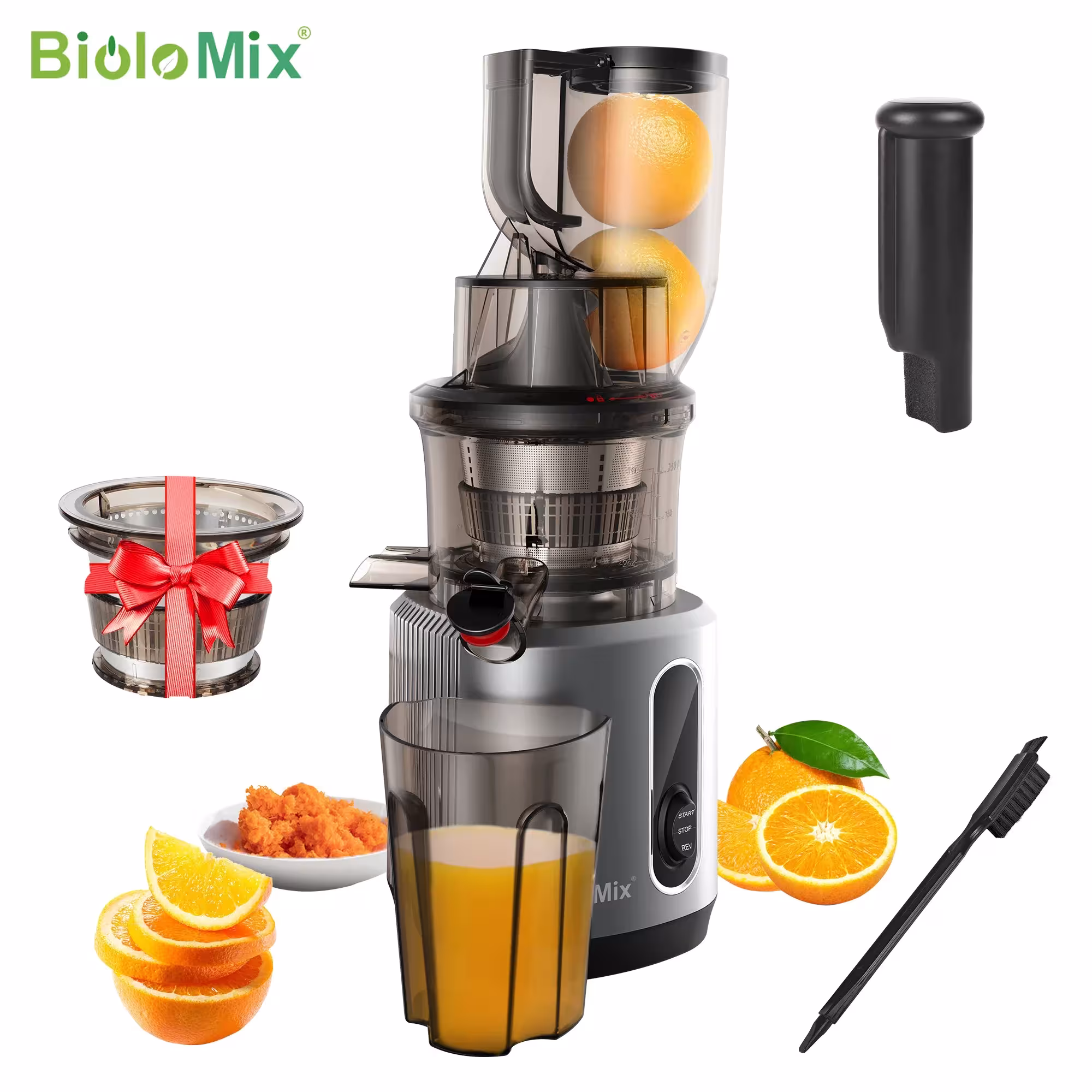 BioloMix šaltojo spaudimo sulčiaspaudė 200W 40-65 RPM maitintuvas su 78mm padavimo angą