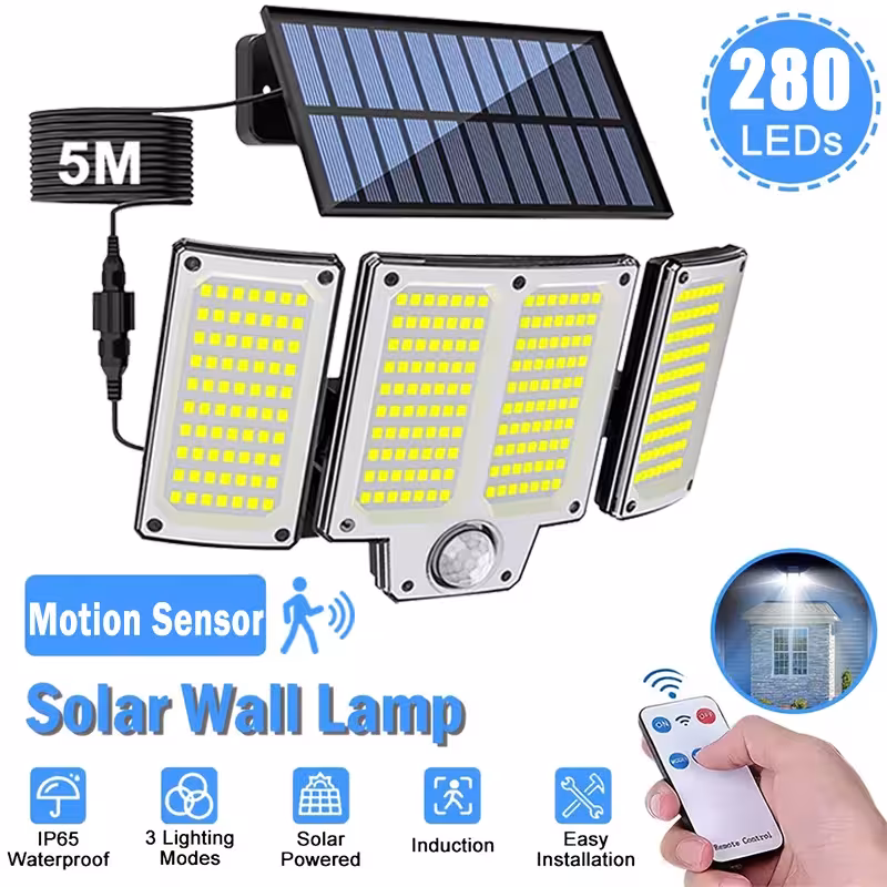 Luz solar de 280 LED con sensor de movimiento, resistente al agua, lámpara de pared para jardín