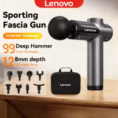 Lenovo powerful cordless massage gun with 8 massage heads and battery