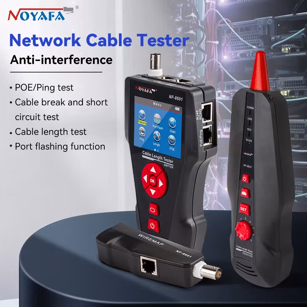 Testeur de câble réseau Noyafa NF-8601 avec fonction PoE PING et mesure de longueur.