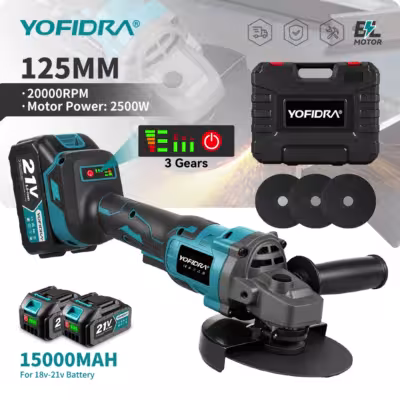 YOFIDRA 125mm Cordless Angle Grinder 3 Speeds 2500W for Metal Wood