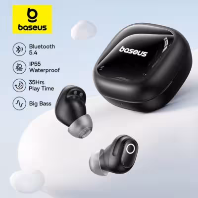 Baseus Bass BD1 bevielės ausinės Bluetooth 5.4 38H trukmė IP55 atsparumas vandeniui