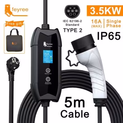 feyree EV Charger Type2 16A 3.5kW portable electric car charger 5M cable