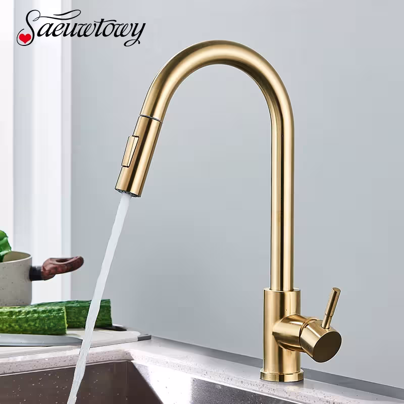 Grifo de cocina color dorado con caño extraíble, rotación de 360 grados
