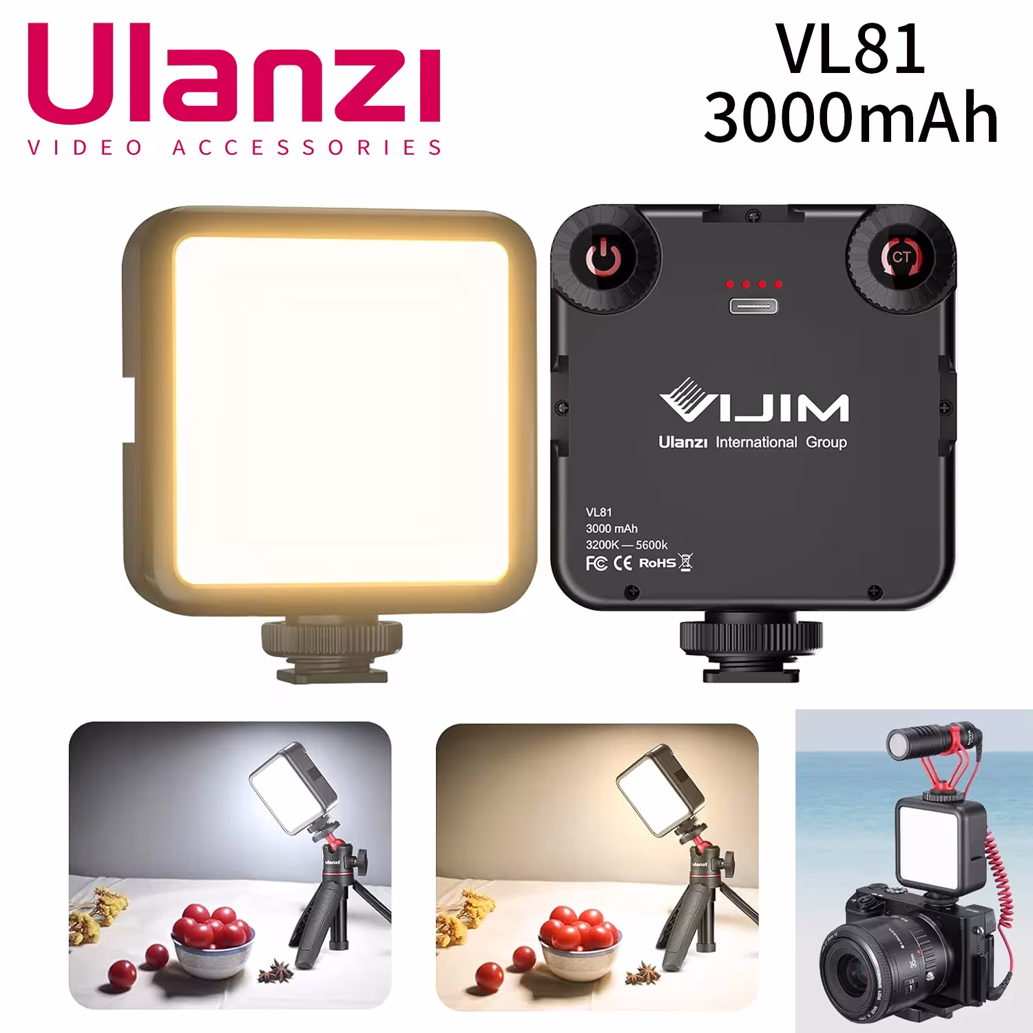 Ulanzi VL81 LED lumière vidéo sur la caméra lumière avec 3 chaussures froides rechargeable 3000mAh batterie Bicolor Diméthyl3200K-5600K CRI95 +