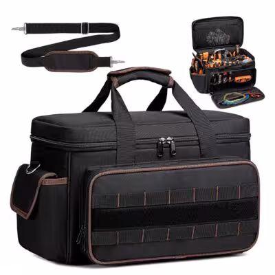 17 inch large capacity tool bag with 20 pockets and shoulder strap for electricians and mechanics
