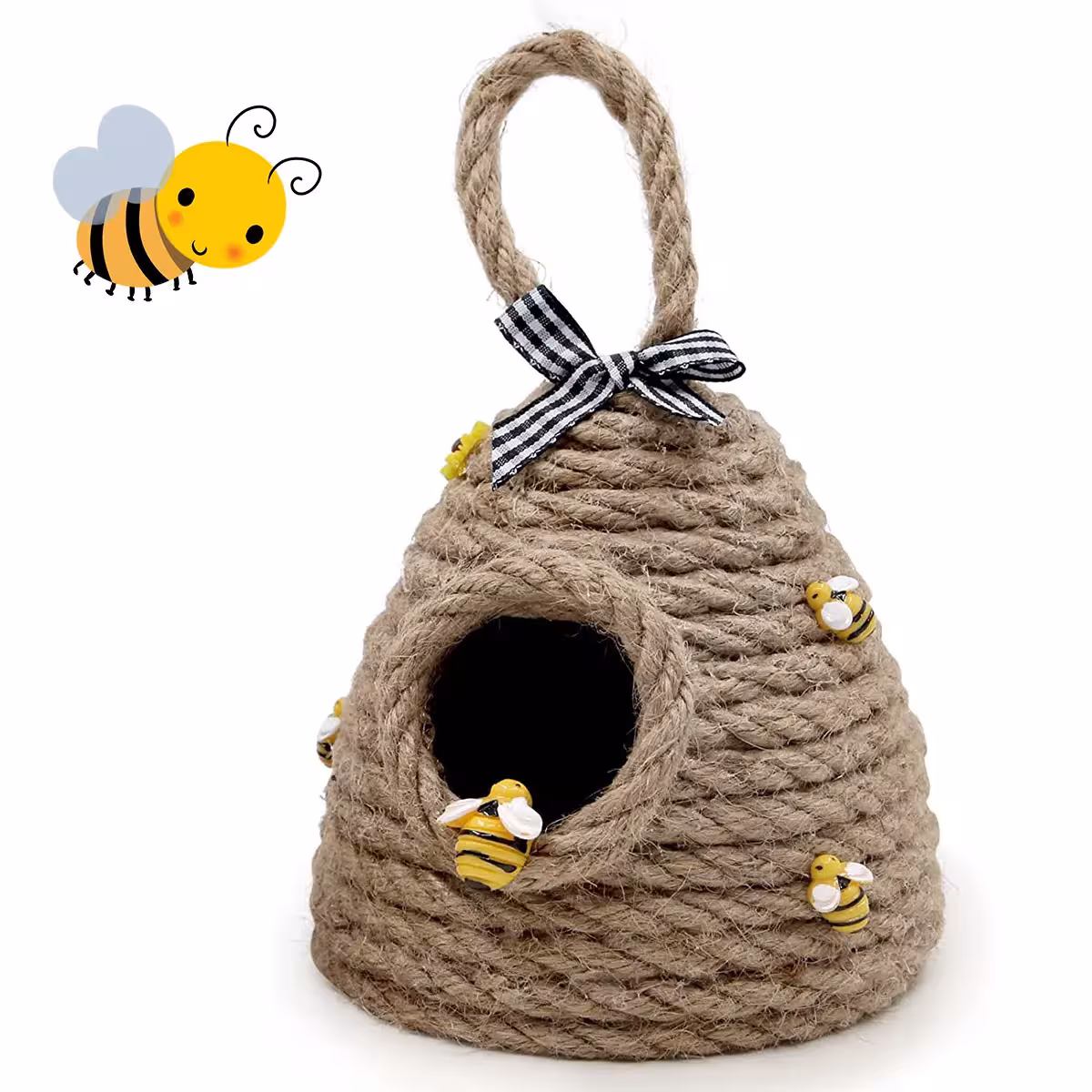 A large jute bee decoration hangs above a table or on a wall.
