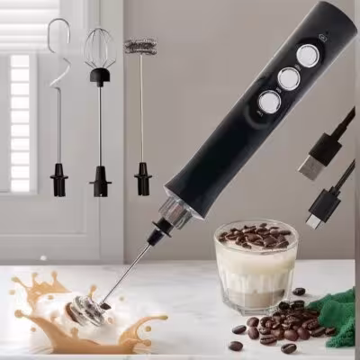 Mousseur à lait électrique rechargeable sans fil avec 3 vitesses et câble USB