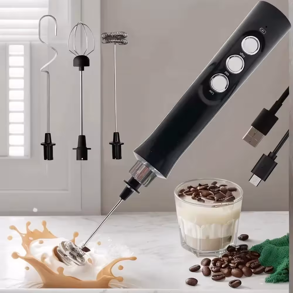 Mousseur à lait électrique rechargeable sans fil avec 3 vitesses et câble USB