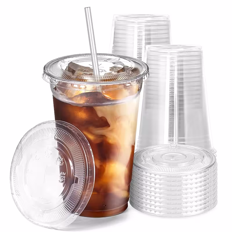 50 vnt. rinkinys 12/16OZ plastikinių puodelių su dangčiais šaltam gėrimui
