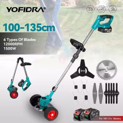 YOFIDRA cordless electric grass trimmer 100-135cm with 3 blades for Makita 18V battery