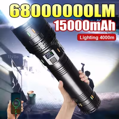 Powerful LED flashlight 6800000LM with 15000mAh battery and TYPE-C charging