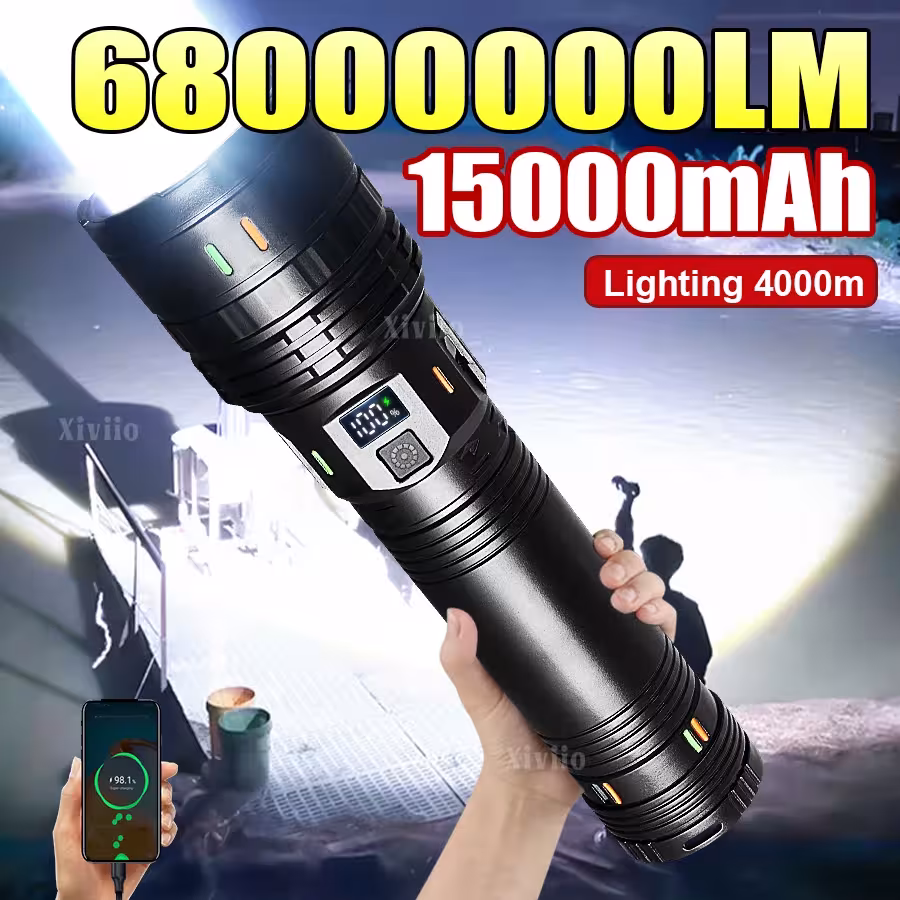 Powerful LED flashlight 6800000LM with 15000mAh battery and TYPE-C charging