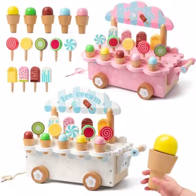 Cucina giocattolo in legno per venditore di gelati con accessori, giocattolo educativo Montessori