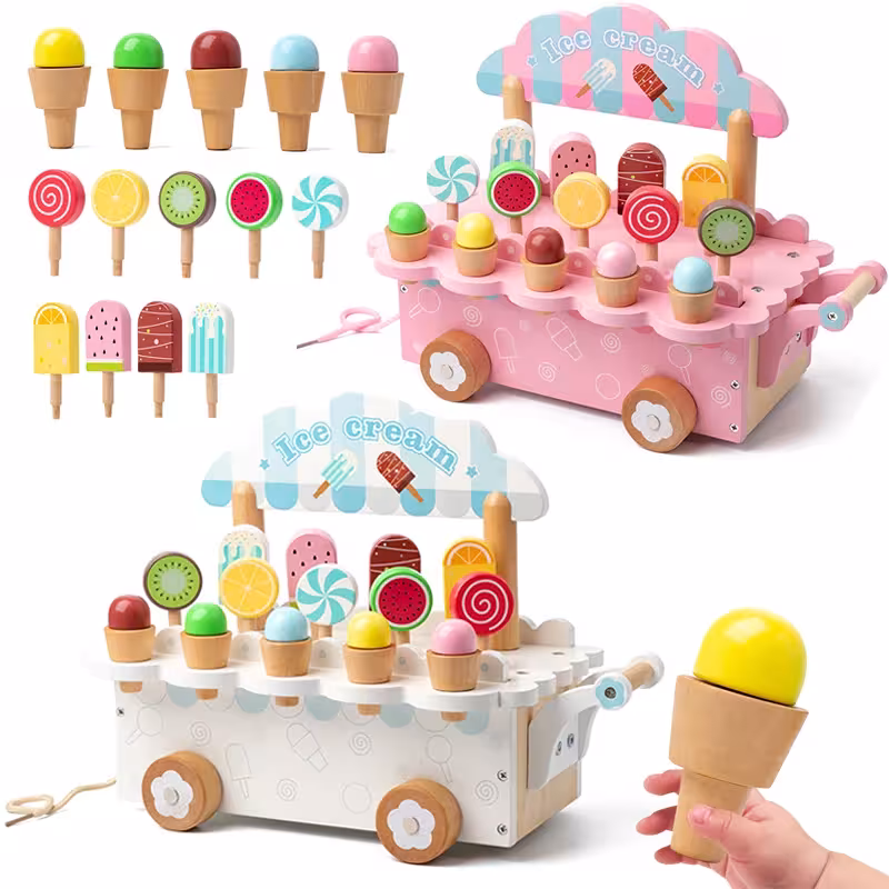Cucina giocattolo in legno per venditore di gelati con accessori, giocattolo educativo Montessori