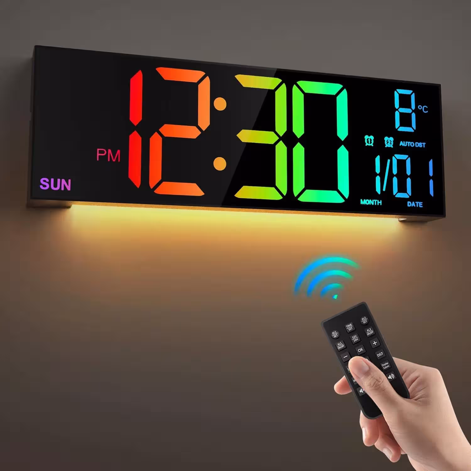 16.2 colių didelinis skaitmeninis sieninis laikrodis su nuotolinio valdymo LED ekranu ir RGB spalvomis