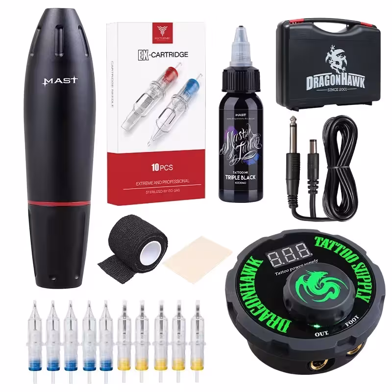 Macchina professionale per tatuaggi Mast K2 con sistema a siringa rotativa, kit di aghi e custodia portatile