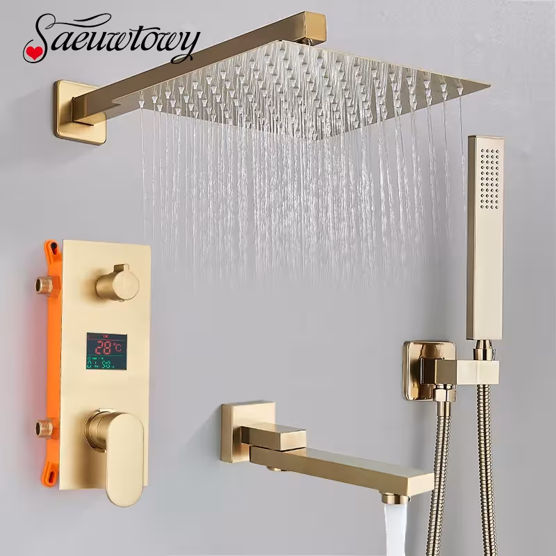 Bathroom concealed shower system with gold finish and digital display 3-way