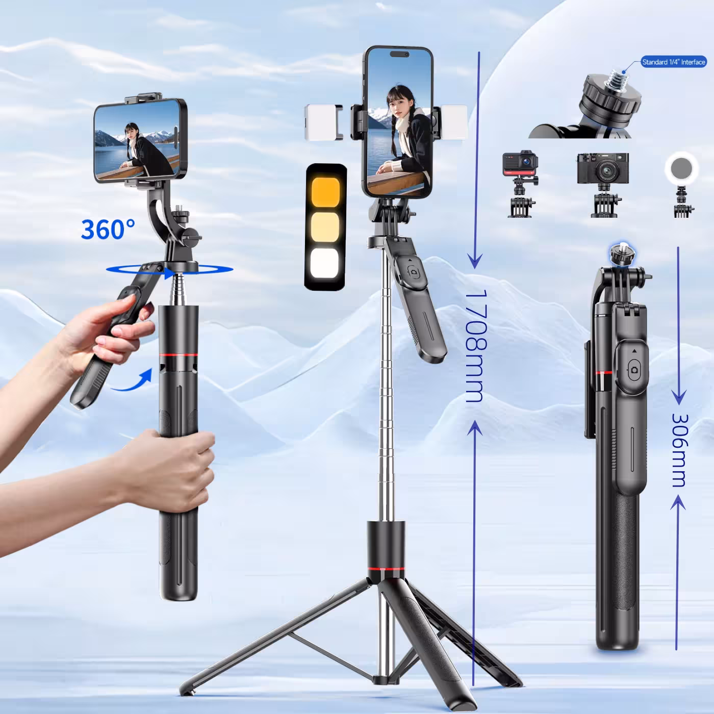 MEUYAG Selfie Stick Tripod 1708mm su LED žibintuvėliu Bluetooth nuotolinio valdymo 360°