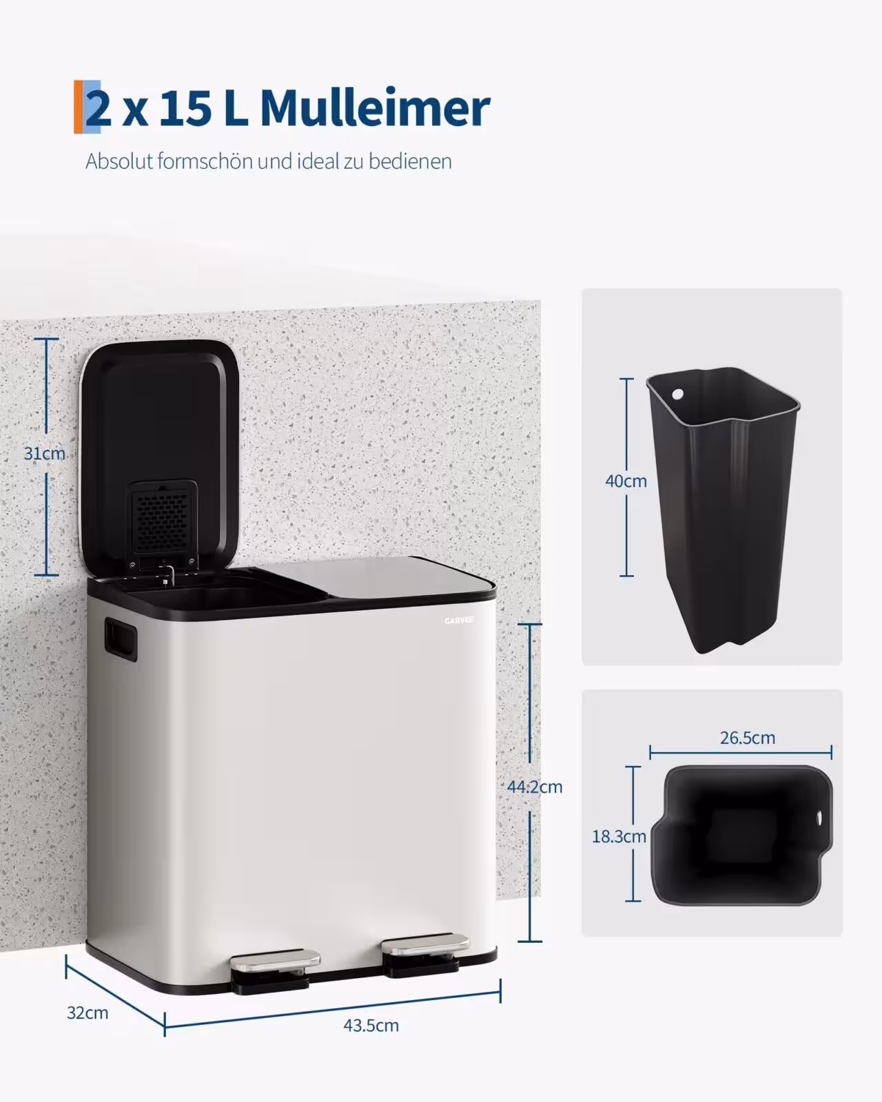 Contenedor de clasificación de residuos para la cocina, 2x15 litros, con tapa de acero inoxidable, sistema de cierre suave y cubos interiores, color blanco