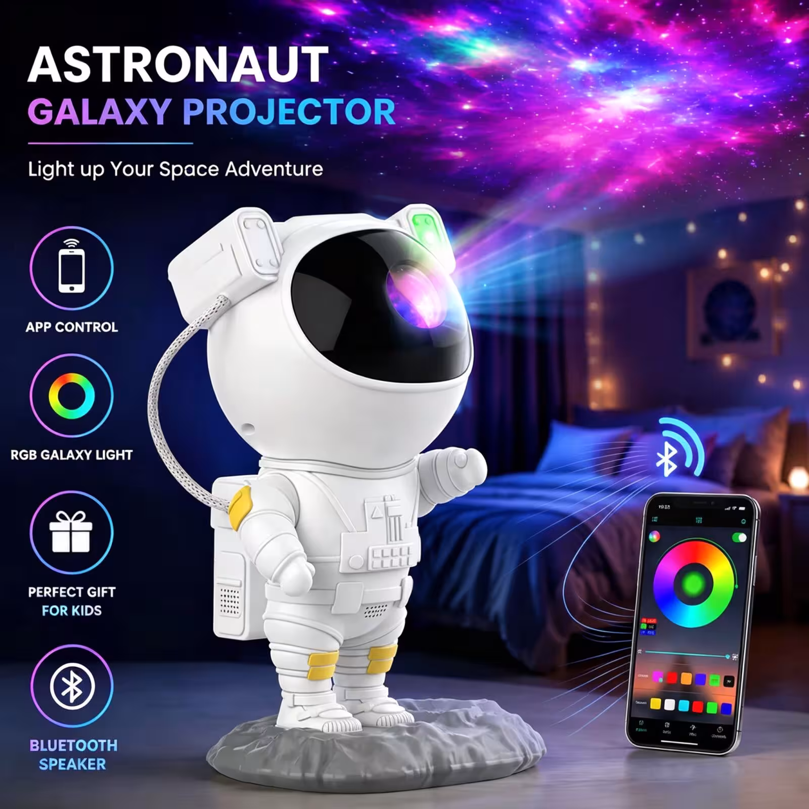 Astronaut Lureshine Galaxy Projector with Bluetooth Speaker, App Control, RGB Nebulae, and Starry Sky