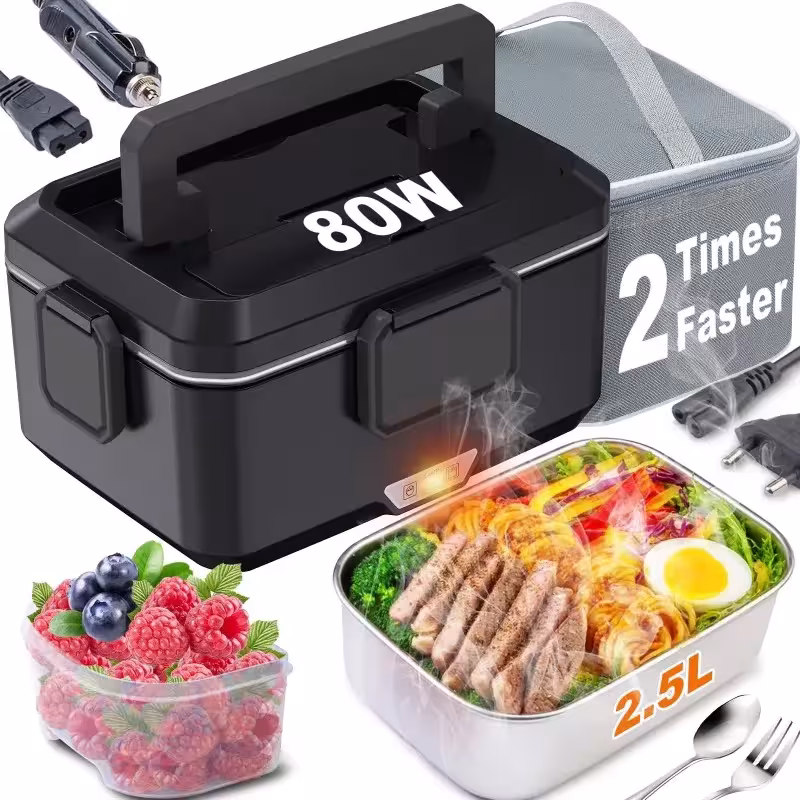 Electric Lunch Box 2.5L with Fast Heating 80W, 3-in-1, 12V/24V for Car and 220V for Home
