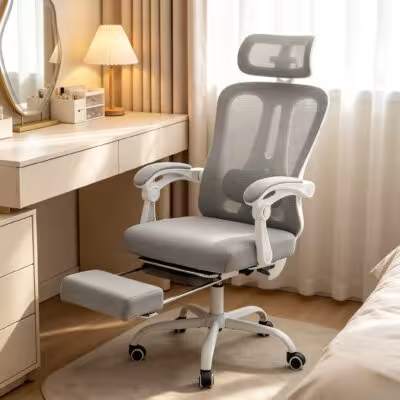 Ergonomic adjustable office chair with lumbar and leg support, breathable mesh fabric, and rocking mechanism