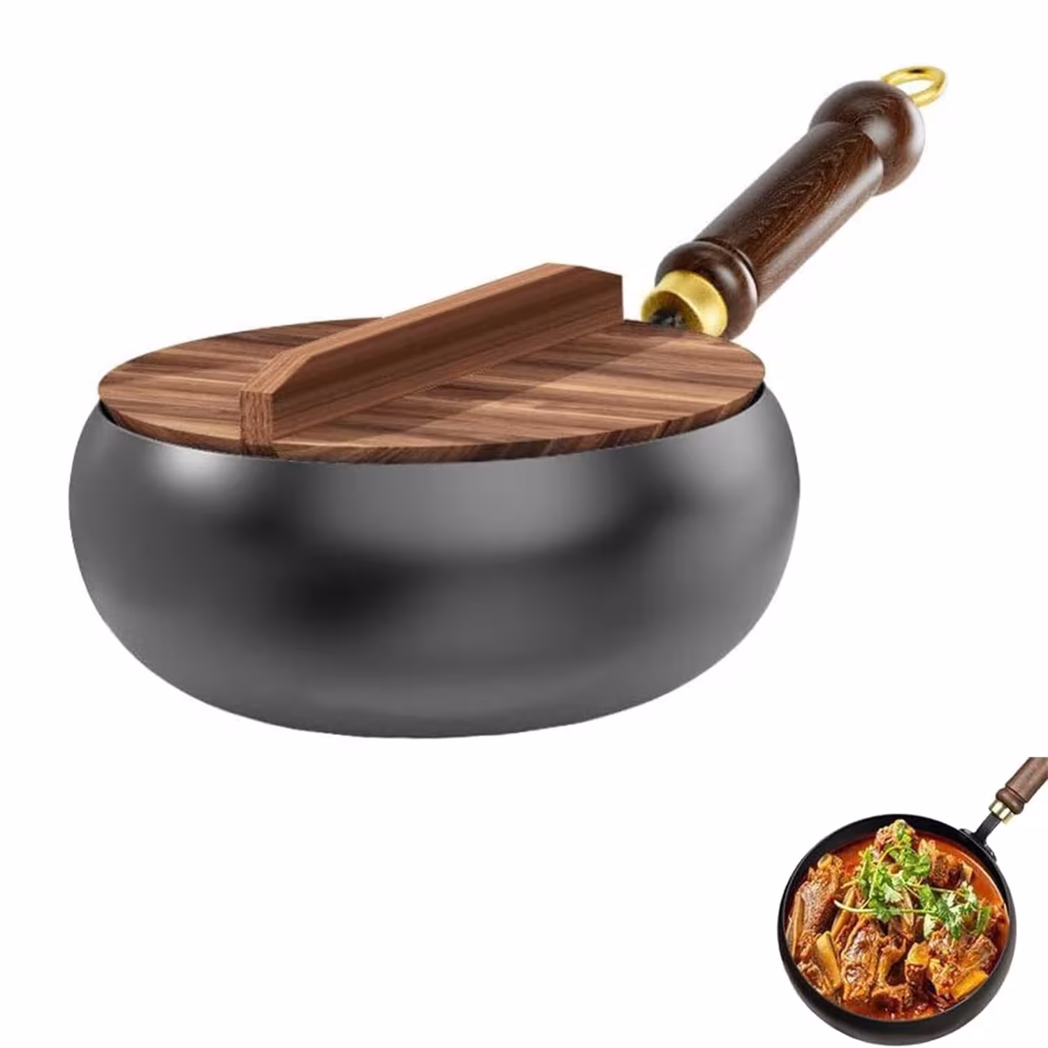 Padella in ghisa martellata senza rivestimento con coperchio in legno 24/28cm, adatta per piani cottura a induzione, forno e cucina quotidiana