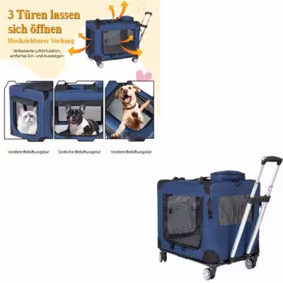 Trasportino 2 in 1 per gatti e cani con 4 ruote, maniglia telescopica, fino a 18 kg, blu scuro