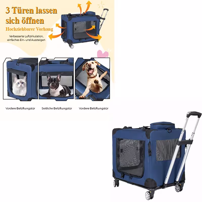 Transportín 2 en 1 para gatos y perros con 4 ruedas, asa telescópica, hasta 18 kg, azul oscuro