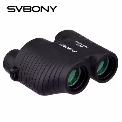 Binoculares compactos SVBONY SV10 8x25 con enfoque fijo y cuerpo antideslizante, diseñados para turismo y deportes.