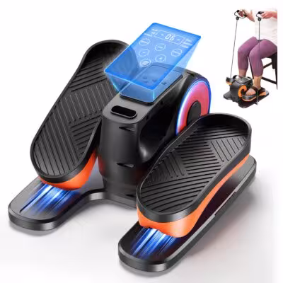Mini elliptical trainer for home use with remote control, screen, 12 levels, and foot pedals.