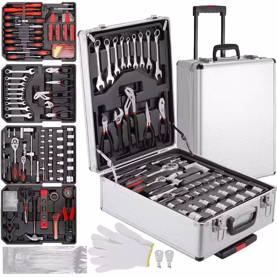 Coffret d'outils mécaniques de 799 pièces avec une boîte sur roulettes, comprenant des clés, un marteau, des pinces et des tournevis.