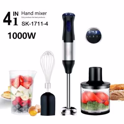 Blender manuel 4 en 1 1000W avec hachoir et récipient mélangeur, en acier inoxydable