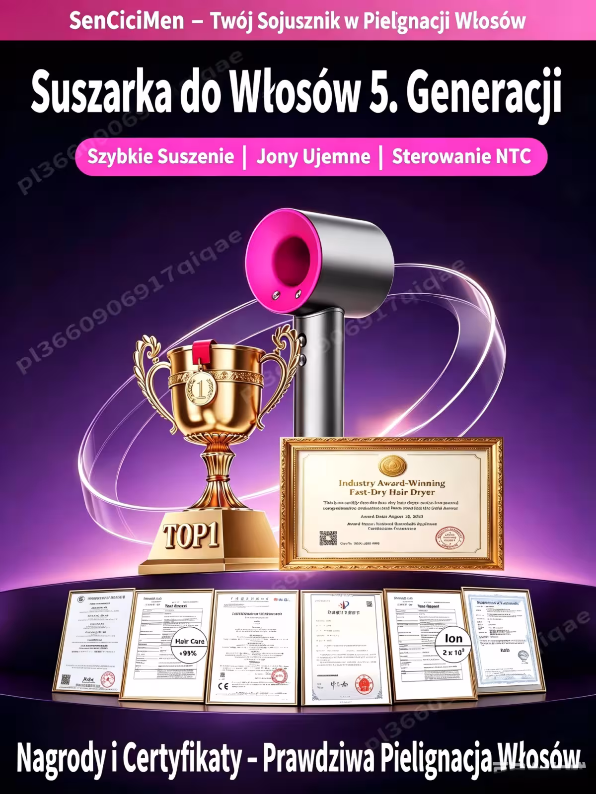 SenCiciMen 1600W profesionalus beašmenis plaukų džiovintuvas su 200 milijonų jonų technologija namams ir kelionėms