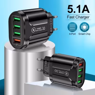 Ładowarka USB o mocy 45W z szybkim ładowaniem QC 3.0, 4 porty, wtyczka EU/USA, idealna do podróży, kompatybilna z iPhone'em, Samsungiem, Xiaomi.